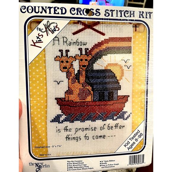 1990 Kits for kids Stamped Cross-Stitch Kit Noah’s Ark Rainbow for Ages 8 to 98 - Picture 1 of 2